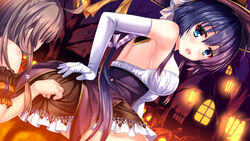  2girls black_eyes blue_eyes blush breasts elbow_gloves gloves halloween kmcgold30 pumpkin setouchi_chie tagme_(character) toji_no_miko 