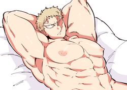  1boy abs armpits arms_behind_head bara blonde_hair boku_no_hero_academia completely_nude large_pectorals lying male_focus muscular muscular_(boku_no_hero_academia) muscular_male navel nipples nude on_back on_bed out-of-frame_censoring pectorals scar scar_across_eye scar_on_face short_hair sideburns solo stomach yazaki_(yazakc) 