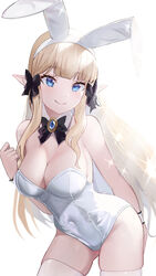  animal_ears blonde_hair blue_eyes bow bowtie breasts brooch cleavage covered_navel detached_collar elf fake_animal_ears fake_tail female hairbow hanba_rou highres jewelry large_breasts leotard long_hair looking_at_viewer playboy_bunny pointy_ears princess_connect! rabbit_ears rabbit_tail saren_(princess_connect!) smile solo sparkle strapless strapless_leotard tail thighhighs very_long_hair white_leotard wrist_cuffs 