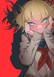  absurdres bad_id bad_pixiv_id blonde_hair blunt_bangs blush boku_no_hero_academia cardigan closed_mouth double_bun female hair_bun hands_on_own_face hands_up highres jipponwazaari long_sleeves looking_at_viewer messy_hair neckerchief red_background sailor_collar short_hair sleeves_past_wrists slit_pupils smile solo toga_himiko upper_body yellow_eyes 