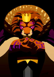  armello black_background clothed clothing corrupted crown felid frown fur headgear league_of_geeks lion male mammal markings melee_weapon orange_body orange_fur pantherine purple_eyes purple_markings simple_background sword the_king_(armello) weapon 