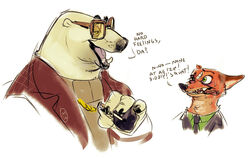  anthro band-aid bandage clothed clothing dialogue disney duo english_text eyewear glasses green_eyes holding_object mammal mouseandhound necktie nick_wilde polar_bear popomodoro shirt simple_background suit sweater teeth text topwear ursid ursine white_background wounded zootopia 