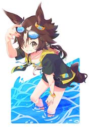  :d animal_ears bikini bikini_top_only black_jacket black_shorts bracelet brown_eyes brown_hair eyewear_on_head female flat_chest grin hair_over_one_eye horse_ears horse_girl horse_tail jacket jewelry long_hair looking_at_viewer maru_(hachi_47923) necklace open_clothes open_jacket short_sleeves shorts simple_background smile solo standing sunglasses swimsuit tail teeth umamusume vodka_(umamusume) wading water white_background yellow_bikini 