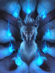  2019 3:4 9_tails ambiguous_gender blue_body blue_fire blue_fur blue_tail canid canine colored_fire detailed detailed_fur feral fire fluffy fluffy_tail fur generation_1_pokemon head_tuft hi_res inner_ear_fluff kitsunebi long_tail looking_at_viewer mammal multi_tail ninetales nintendo pokemon pokemon_(species) realistic red_eyes rhyu shaded shiny_pokemon sitting solo tail tuft 