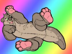  4:3 ambiguous_gender animate_inanimate anthro brown_body fetishame floral_markings hi_res keva living_plushie mammal markings multicolored_eyes mustelid otter pawpads pink_pawpads plushie rainbow_background rainbow_eyes raised_arm raised_leg simple_background solo 