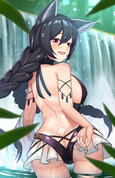  adjusting_clothes adjusting_swimsuit ass backless_outfit bare_shoulders black_hair blush braid breasts butt_crack casual_one-piece_swimsuit erune female granblue_fantasy highres long_hair looking_at_viewer lunarscent nier_(granblue_fantasy) nier_(lover_by_the_lily_lake)_(granblue_fantasy) official_alternate_costume one-piece_swimsuit open_mouth partially_submerged red_eyes sideboob smile solo swimsuit twin_braids water waterfall wet 