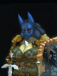  2019 3:4 absurd_res anthro armor big_breasts blue_body blue_byte_(game_developer) breasts cleavage clothed clothing female for_honor_(game) gauntlets generation_4_pokemon gloves handwear hi_res jacksleight knight lucario mammal melee_weapon nintendo pokemon pokemon_(species) scar shield shoulder_pads solo sword warrior weapon 