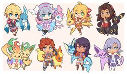  &gt;_o 2boys 5boys ;d alvis_(xenoblade) beard black_hair blonde_hair blue_eyes border brown_eyes chibi commentary crossover dark-skinned_male dark_skin dunban_(xenoblade) english_commentary enni espeon evolutionary_line facial_hair fiora_(xenoblade) flareon full_body glaceon green_eyes grey_eyes grey_hair hat head_wings highres jolteon leafeon long_hair looking_at_viewer melia_antiqua multiple_boys nopon one_eye_closed open_mouth pokemon pokemon_(creature) reyn_(xenoblade) riki_(xenoblade) sharla_(xenoblade) short_hair shulk_(xenoblade) simple_background smile standing sylveon umbreon vaporeon white_border wings xenoblade_chronicles_(series) xenoblade_chronicles_1 