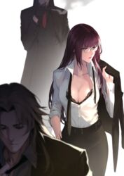  2boys adjusting_clothes adjusting_necktie alternate_costume belt belt_buckle bespectacled black_bra black_coat black_gloves black_jacket black_necktie black_shirt black_vest bra breasts buckle business_suit chiron_(fate) cleavage closed_eyes coat collarbone collared_shirt dress_shirt fate/grand_order fate_(series) female formal glasses gloves hand_on_own_hip holding holding_clothes holding_jacket jacket jacket_over_shoulder lace lace-trimmed_bra lace_trim large_breasts lips lipstick long_hair long_sleeves looking_to_the_side lord_el-melloi_ii makeup multiple_boys necktie partially_unbuttoned pencil_skirt purple_hair red_eyes red_necktie reroi scathach_(fate) shirt simple_background skirt smoking solo_focus suit underwear undone_necktie unworn_jacket vest waver_velvet white_background white_shirt 