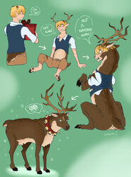  absurd_res antler_growth bell bell_collar blonde_hair brown_body brown_fur clothed clothing cloven_hooves collar deer feral fur gift growth hair hi_res hooves human human_to_feral male mammal new_world_deer reindeer short_tail sitting solo species_transformation standing tail tail_growth tinypigdraws topwear torn_clothing transformation transformation_sequence vest were weredeer william_(tinypigdraws) 