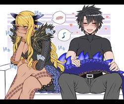  animal_humanoid belt big_breasts black_bars black_clothing black_coat black_hair black_shirt black_topwear blonde_hair blush bodily_fluids bottomwear breasts cleavage closed_eyes clothed clothing coat crossed_legs digital_media_(artwork) dragon dragon_humanoid duo fate_(series) female furniture grey_bottomwear grey_clothing grey_pants gudao_(fate) hair hand_covering_face happy human humanoid lancer_vritra_(fate) letterbox light_body light_skin male male/female mammal mammal_humanoid musical_note mythological_creature mythological_scalie mythology open_mouth pants purple_body purple_scales ritsuka_fujimaru sanmotogoroo scales scalie shirt sitting sofa sweat tail tail_petting tan_body tan_skin topwear type-moon yellow_eyes 