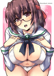  :d bent_over blurry blush bra breasts brown_hair cleavage commentary_request depth_of_field female girls_und_panzer glasses highres kondou_taeko large_breasts long_hair looking_at_viewer navel ooarai_school_uniform open_mouth panties pink_bra pink_panties purple_eyes red-framed_eyewear school_uniform semi-rimless_eyewear serafuku shinshin smile solo teeth twitter_username under-rim_eyewear underwear 