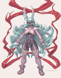  black_skin blood breasts colored_skin dagger dual_wielding facial_mark female gloves green_eyes green_hair grey_background hair_horns highres holding holding_dagger holding_knife holding_weapon horns kaen_(nonneim) knife long_hair navel nonneim o-ring original pink_footwear pink_gloves pink_legwear pointy_ears puffy_sleeves signature simple_background single_horn slit_pupils solo standing striped_clothes striped_thighhighs thighhighs underboob vertical-striped_clothes vertical-striped_thighhighs very_long_hair weapon 