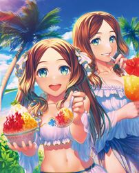  2girls absurdres bikini breasts fate/grand_order fate_(series) fruit_cup highres large_breasts leonardo_da_vinci_(fate) leonardo_da_vinci_(rider)_(fate) leonardo_da_vinci_(swimsuit_ruler)_(fate) looking_at_viewer multiple_girls ocean official_art outdoors palm_tree resized simosi small_breasts source_request sunlight swimsuit tree upscaled white_bikini 