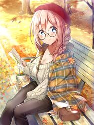  aran_sweater autumn_leaves bag bench beret blue_eyes blush book braid breasts cable_knit cleavage comiket_97 cover cover_image cover_page female glasses grey_pants hair_between_eyes hair_over_shoulder handbag hat highres holding holding_book jewelry large_breasts leaf long_hair long_sleeves looking_at_viewer maple_leaf maronie. necklace open_book original outdoors pants pink_hair red_hat ring ring_necklace sitting solo sweater tree 