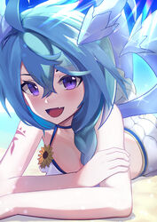  ahoge bikini bikini_skirt blue_hair blush braid crossed_arms dragon_girl dragon_horns dragon_tail dragon_wings female flower halterneck hanba_rou highres horns long_hair looking_at_viewer lying oerba_yun_fang on_stomach open_mouth outdoors princess_connect! purple_eyes sand sheffy_(princess_connect!) skin_fang slit_pupils smile solo sparkle sunflower swimsuit tail wings 