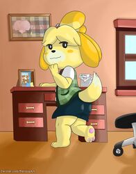  2019 after_shower alternate_version_at_source animal_crossing anthro ass biped black_nose blonde_hair bottomwear brush brushing brushing_teeth canid canine canis clothed clothing desk digital_media_(artwork) domestic_dog electronics female fox fox_mccloud fur furniture hair hi_res isabelle_(animal_crossing) long_ears looking_at_another mammal monotone_bottomwear monotone_clothing monotone_skirt nintendo office pawpads paws peeping perinia phone shih_tzu shirt skirt solo star_fox surprise table toothbrush topwear towel toy_dog water wet 