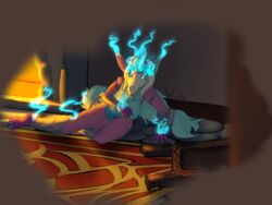  4:3 absurd_res anthro bedroom canid canine dracarna dragon hi_res mammal mythological_creature mythological_scalie mythology scalie skulldog_(species) spirit transformation voirath wings 