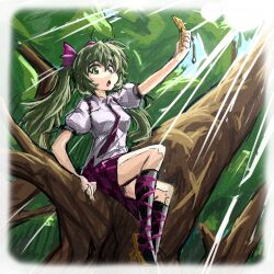  cellphone commentary_request female green_eyes green_hair highres himekaidou_hatate in_tree light_rays long_hair phone r-18_jii sitting skirt solo sunbeam sunlight touhou tree twintails 