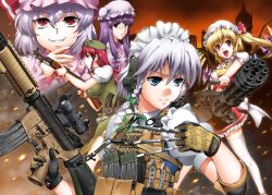  5girls acog ak-47 assault_rifle beret bespectacled between_fingers blonde_hair blue_eyes braid commentary_request crescent elbow_pads flandre_scarlet gatling_gun glasses gloves grey_hair gun gun_sling hat headset henshako highres holding hong_meiling izayoi_sakuya kalashnikov_rifle knife load_bearing_vest long_hair m134_minigun m16 m16a4 magazine_(weapon) maid maid_headdress military_operator minigun multiple_girls open_mouth patchouli_knowledge photoshop_(medium) purple_hair red_eyes red_hair remilia_scarlet rifle scope short_hair side_ponytail star_(symbol) thighhighs throwing_knife touhou trigger_discipline twin_braids type_56_assault_rifle weapon wings zettai_ryouiki 