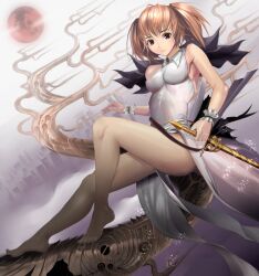  bad_id bad_pixiv_id bare_shoulders barefoot breasts brown_hair covered_nipples dragon female full_body full_moon holding holding_sword holding_weapon legs medium_breasts moon original photoshop_(medium) red_eyes red_moon shijima_(tanfn) short_hair solo sword weapon 