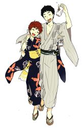  1boy alcohol bad_link beer black_hair blush brown_hair can closed_eyes drunk feet female happy height_difference izumi_noa japanese_clothes kidou_keisatsu_patlabor kiikanna kimono sandals shinohara_asuma short_hair simple_background smile toes white_background 