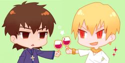  2boys alcohol bad_id bad_pixiv_id blonde_hair bracelet brown_eyes brown_hair chibi cross cup drinking_glass empty_eyes fate/zero fate_(series) gilgamesh_(fate) jewelry jitome kotomine_kirei lowres male_focus multiple_boys necklace oerba_yun_fang official_alternate_costume photoshop_(medium) red_eyes sparkle wine wine_glass yuuto_(sky_cloister) 