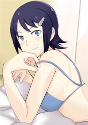  bed bed_sheet blue_eyes blue_hair blush bra commentary_request enoki_p female hair_ornament hairclip idolmaster idolmaster_dearly_stars lingerie looking_at_viewer lying mizutani_eri on_stomach panties short_hair smile solo underwear undressing 