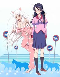  2girls animal_ears bakemonogatari barefoot black_eyes black_hair black_hanekawa braid breasts cat_ears cleavage commentary_request dual_persona feline glasses hanekawa_tsubasa highres juliet_sleeves long_hair long_sleeves medium_breasts monogatari_(series) multiple_girls naoetsu_high_school_uniform nekomonogatari oerba_yun_fang off_shoulder otsukemono pajamas paw_print puffy_sleeves school_uniform sign silhouette twin_braids twintails very_long_hair white_hair yellow_eyes 