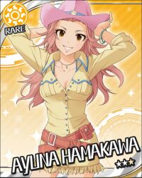  artist_request belt bracelet breasts card_(medium) character_name cowboy_hat dress female fringe_trim hamakawa_ayuna hat idolmaster idolmaster_cinderella_girls jewelry jpeg_artifacts large_breasts long_hair official_art pink_hair sleeves_rolled_up smile solo star_(symbol) sun_symbol yellow_eyes 