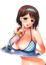  absurdres azuma_yuki bare_shoulders bikini blue_eyes breast_rest breasts breasts_on_tray brown_hair carried_breast_rest carrying dessert dripping female food hairband highres ice_cream large_breasts navel open_mouth original short_hair solo strap_gap sundae swimsuit tray upper_body waitress 