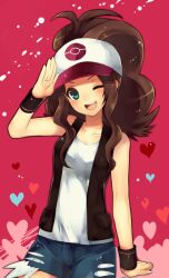  ;d aqua_eyes baseball_cap blue_shorts brown_hair commentary_request denim denim_shorts exposed_pocket female hat heart hilda_(pokemon) ju-zika long_hair one_eye_closed open_mouth pokemon pokemon_bw ponytail salute shirt shorts smile solo vest wristband 