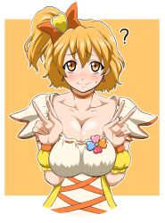  ? blush breasts breasts_squeezed_together choker cleavage collarbone commentary_request cure_pine double_v earrings female fresh_precure! hair_ornament heart heart_hair_ornament hokuto_(tokuho) jewelry large_breasts one_side_up orange_choker orange_eyes orange_hair precure simple_background solo sweatdrop v yamabuki_inori 