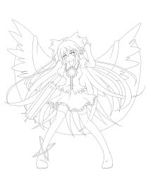  boots bow commentary_request female greyscale hair_ribbon hairbow kikugetsu line_art long_hair monochrome reiuji_utsuho ribbon solo thigh_boots thighhighs touhou wings zettai_ryouiki 