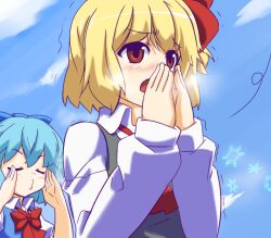  2girls ascot blonde_hair blowing blue_hair blush bow breath cirno closed_eyes cold commentary_request dress hair_ribbon hairbow hihachi multiple_girls open_mouth red_eyes ribbon rumia shirt short_hair skirt snowflakes touhou trembling 