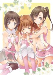  3girls bad_id bad_pixiv_id bare_shoulders blush boots brown_eyes brown_hair chika_(orange_pop) closed_eyes fingerless_gloves fishnet_thighhighs fishnets futami_mami gloves hagiwara_yukiho holding_hands hug idolmaster idolmaster_(classic) interlocked_fingers looking_at_viewer midriff multiple_girls navel open_mouth pink_diamond_765_(idolmaster) short_hair side_ponytail skirt smile takatsuki_yayoi thighhighs twintails 