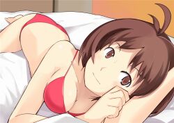  antenna_hair bed bed_sheet bikini blush bra breasts brown_eyes brown_hair cleavage commentary_request enoki_p female hidaka_ai idolmaster idolmaster_dearly_stars lingerie lying medium_breasts on_stomach panties red_bikini red_bra short_hair smile solo swimsuit underwear underwear_only 