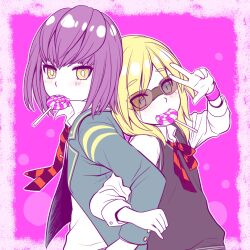  2boys blonde_hair blue_eyes candy goggles hayabusa_hideki inazuma_eleven inazuma_eleven_(series) inazuma_eleven_go lollipop mouth_hold multiple_boys necktie nishinosora_yoichi puico purple_hair school_uniform short_hair sweater_vest trap v yellow_eyes 