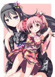  2girls akemi_homura black_eyes black_hair commentary_request flower guunome hagoita hair_flower hair_ornament hairband hanetsuki japanese_clothes kaname_madoka kimono kyuubee long_hair mahou_shoujo_madoka_magica mahou_shoujo_madoka_magica_(anime) multiple_girls obi obiage obijime paddle pink_background pink_eyes pink_hair rainbow_order sash seigaiha short_hair short_twintails twintails 