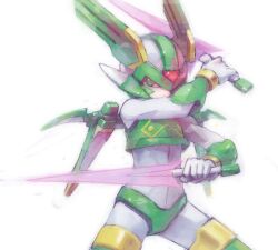  1boy armor commentary_request crop_top dual_wielding energy_blade gloves glowing green_eyes helmet holding holding_sword holding_weapon male_focus mega_man_(series) mega_man_zero_(series) nemu_(isaya) photoshop_(medium) robot sage_harpuia_(mega_man) simple_background solo standing sword weapon white_background 