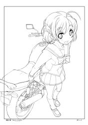  :d ahoge bakuon!! commentary_request exhaust eyebrows female greyscale hair_ornament line_art loafers monochrome motor_vehicle motorcycle open_mouth orimoto_mimana outline sakura_hane school_uniform shoes short_hair skirt smile socks solo 