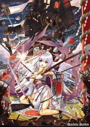  breasts chains cleavage commentary_request female flag flower hair_flower hair_ornament japanese_clothes jewelry katana kimono magatama mecha medium_breasts necklace original photoshop_(medium) red_eyes rising_sun_flag robot rope sheath shimenawa sunburst sword torn_clothes weapon white_hair yuu_(yuyukaikan) 