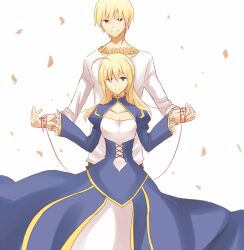  1boy artoria_pendragon_(fate) blonde_hair bracelet commentary_request dinikee dress fate/stay_night fate/zero fate_(series) female gilgamesh_(fate) green_eyes hair_down holding_hands jewelry long_hair necklace official_alternate_costume petals red_eyes saber_(fate) short_hair string string_of_fate white_background 