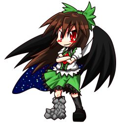  asymmetrical_footwear bow brown_hair chibi commentary_request crossed_arms female full_body green_bow hairbow lowres mismatched_footwear r-18_jii red_eyes reiuji_utsuho solo touhou transparent_background wings 