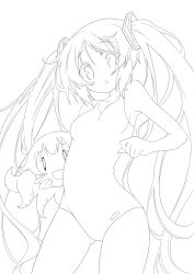  blush commentary_request dekosuke female greyscale hatsune_miku highres line_art long_hair megurine_luka monochrome one-piece_swimsuit school_swimsuit swimsuit takoluka tentacle twintails vocaloid 