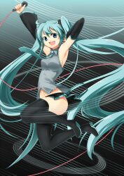  aqua_eyes aqua_hair armpits arms_up boots commentary_request detached_sleeves female hatsune_miku highres jumping long_hair microphone n39 necktie open_mouth skirt solo thigh_boots thighhighs twintails very_long_hair vocaloid 