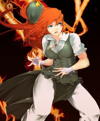  bad_id bad_pixiv_id bandages bandaid blue_eyes braid chinese_clothes female hat highres hong_meiling long_hair noomu_(no-mu) nose_tape orange_hair pants red_hair solo touhou twin_braids 