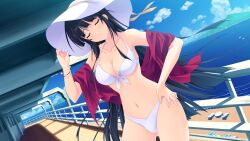  bikini black_hair bracelet breasts closed_eyes day dutch_angle female hand_on_own_hip hat jewelry kimi_wo_aogi_otome_wa_hime_ni long_hair medium_breasts navel ocean outdoors sash satou_satoru ship solo swimsuit takamine_kana water watercraft white_bikini 