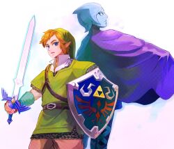  1boy back-to-back belt blonde_hair blue_eyes blue_hair cape commentary_request female fi_(zelda) gloves hat highres hylian_shield link master_sword pantyhose photoshop_(medium) pointy_ears shield sword the_legend_of_zelda the_legend_of_zelda:_skyward_sword tsurugi weapon 