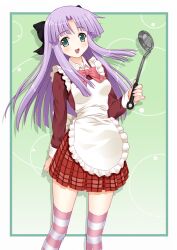  apron bad_id bad_pixiv_id female green_eyes ladle long_hair original purple_hair rasahan solo striped_clothes striped_thighhighs thighhighs 